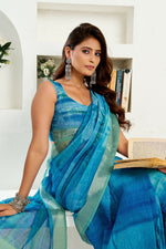 Thumbnail for Vastranavya Aqua Blue Digital Printed Linen Ready To Wear Designer Saree with Unstitched Blouse - Distacart