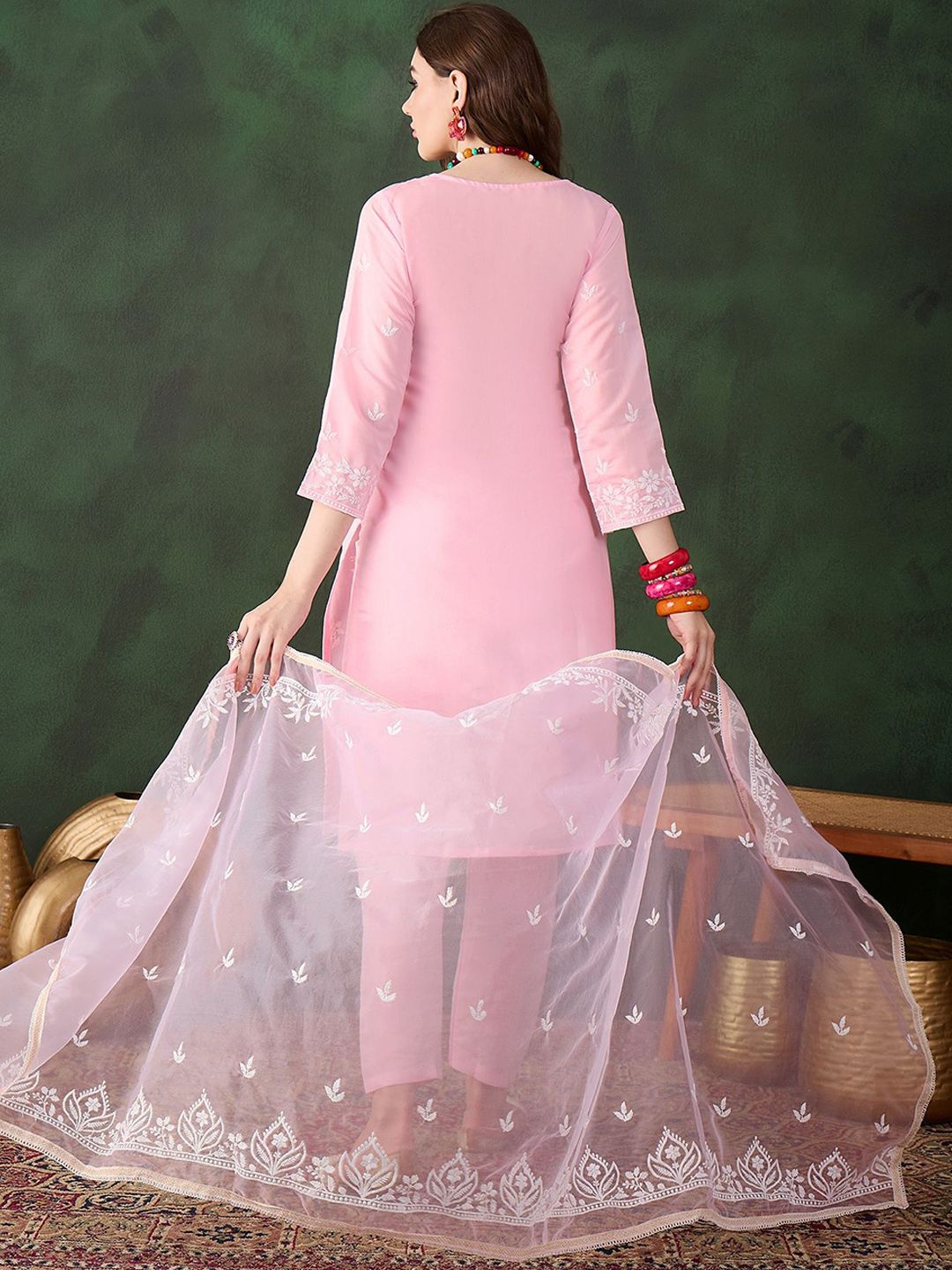Sangria Pink and White Floral Embroidered Thread Work Cotton Kurta & Trouser With Dupatta