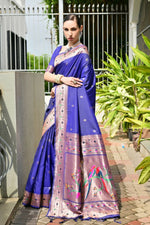 Thumbnail for Vishnu Weaves Women's Royal Paithani Silk Zari Woven Saree with Blouse