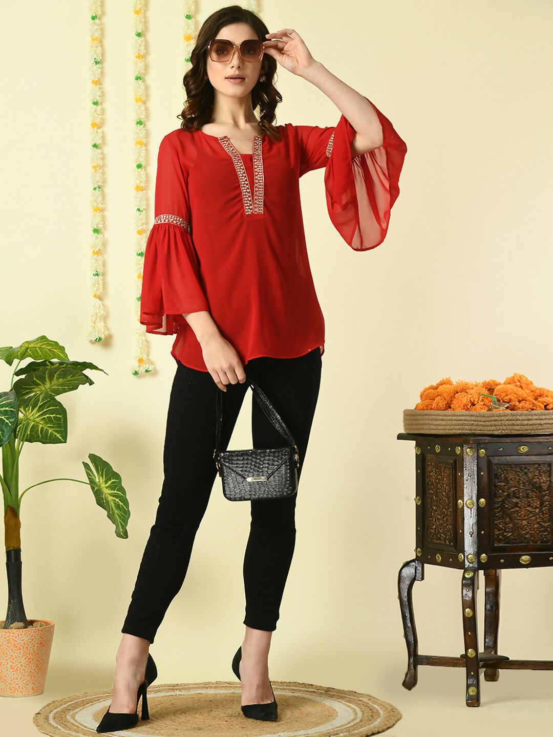 Myshka Women's Red Embroidered Party Fusion Top - Distacart