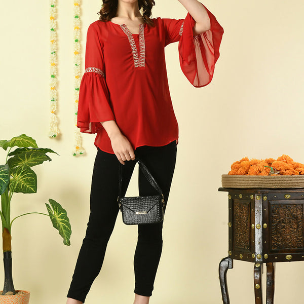 Myshka Women's Red Embroidered Party Fusion Top - Distacart