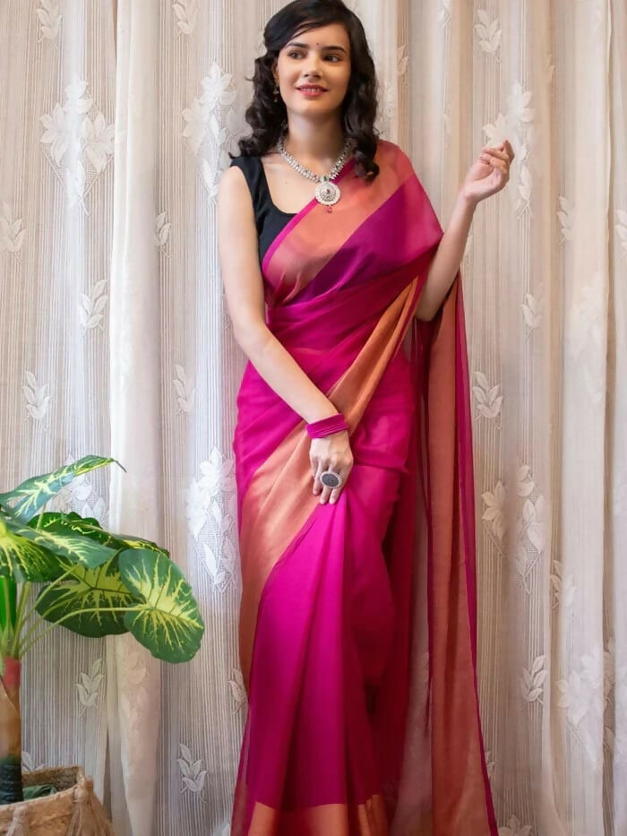 Malishka Chiffon Woven Boarder Ready To Wear Saree With Blouse Piece - Pink - Distacart