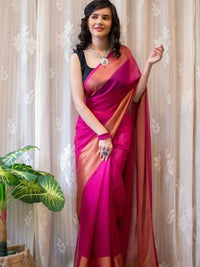 Thumbnail for Malishka Chiffon Woven Boarder Ready To Wear Saree With Blouse Piece - Pink - Distacart
