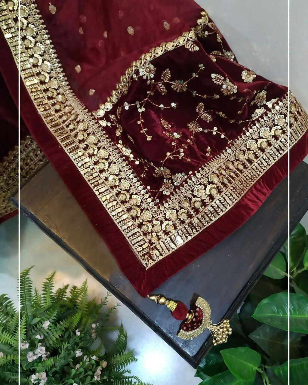 Vastranavya Wine Viscose Velvet Sequence Embroidery Work Gown Dupatta With Belt - Distacart
