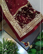 Thumbnail for Vastranavya Wine Viscose Velvet Sequence Embroidery Work Gown Dupatta With Belt - Distacart