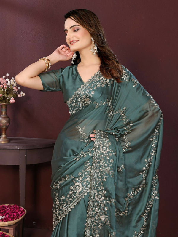 Ai Fashion Grey Rangoli Silk Embroidery Party Wear Saree
