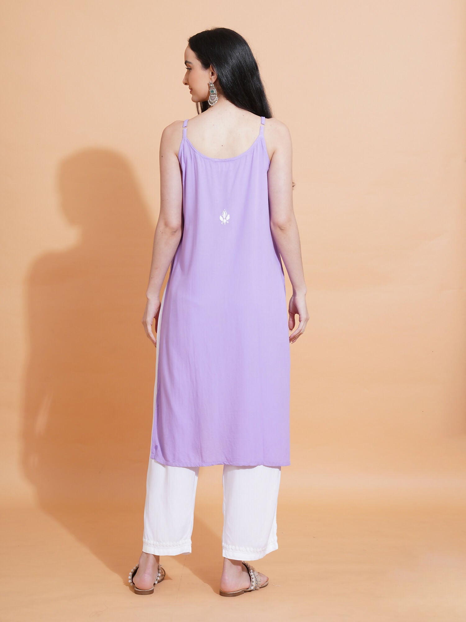 Pahnaz Luxury Rayon Chikankari Sleeveless Long Kurti-Lavender - Dista