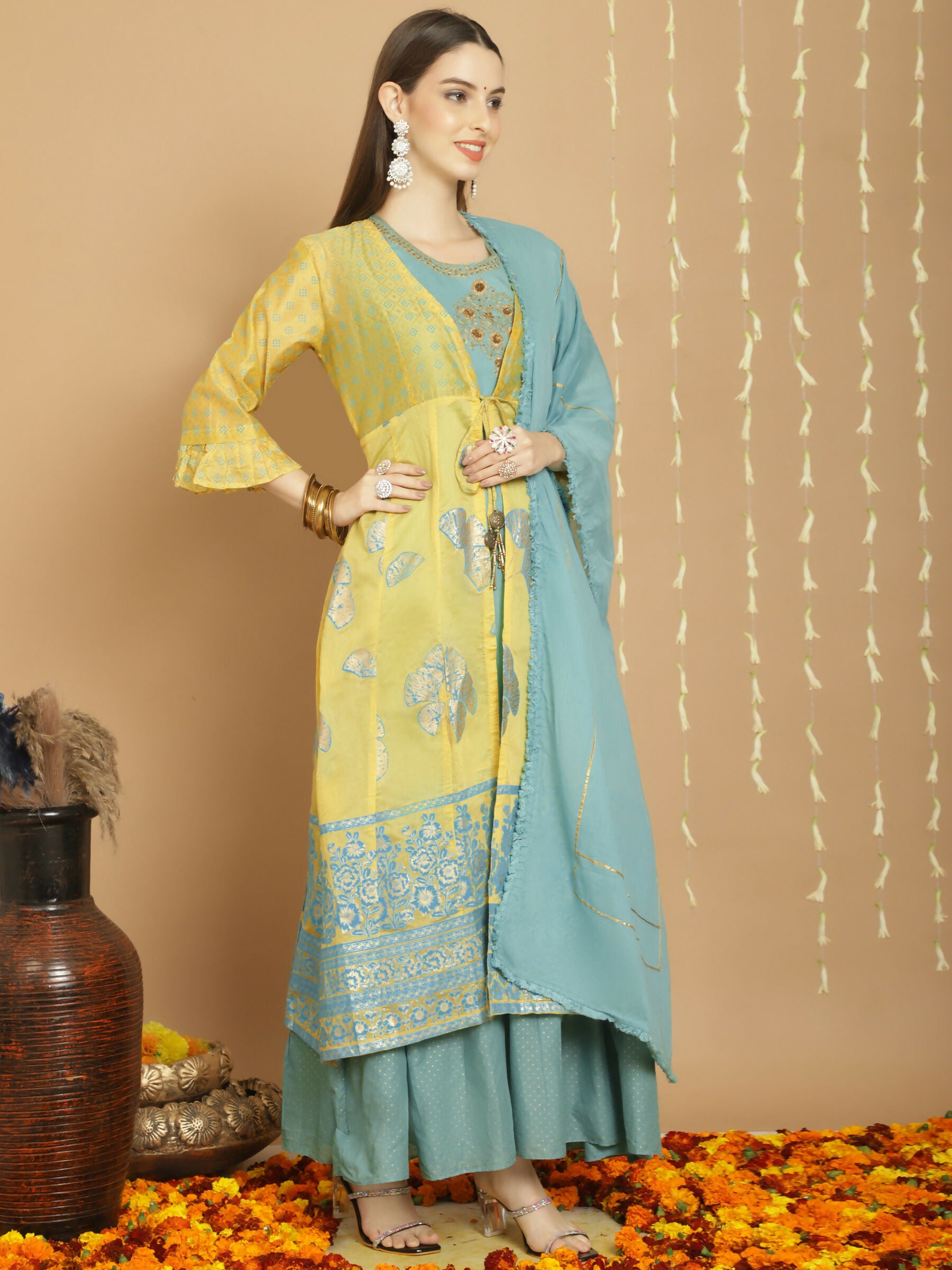 Jyoti Fashion Women's Yellow Chanderi Silk Elegant Jardoshi Kurta with Trouser & Dupatta - Distacart