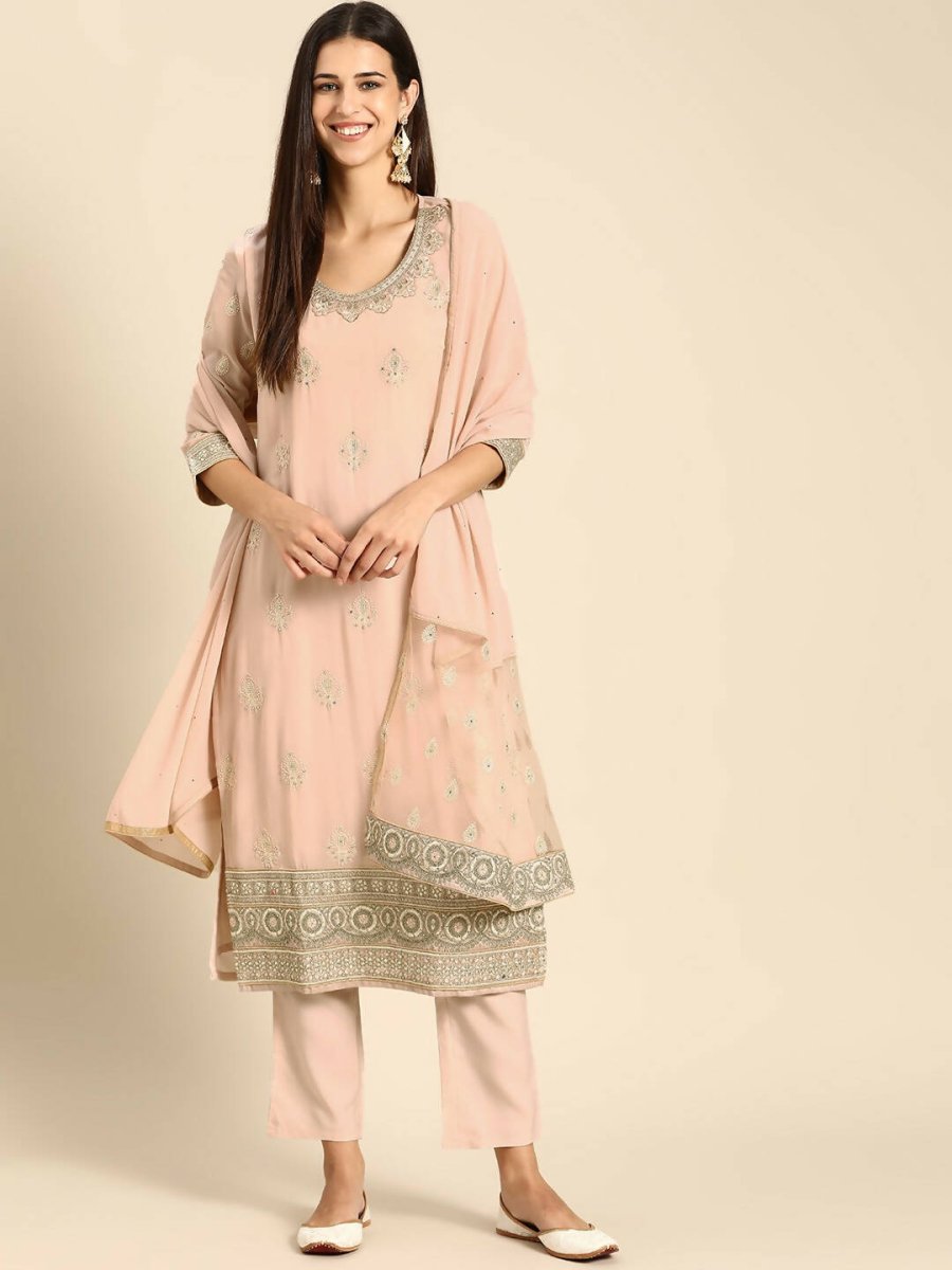 Anouk Women Pink Embroidered Regular Thread Work Kurta with Trousers & Dupatta - Distacart