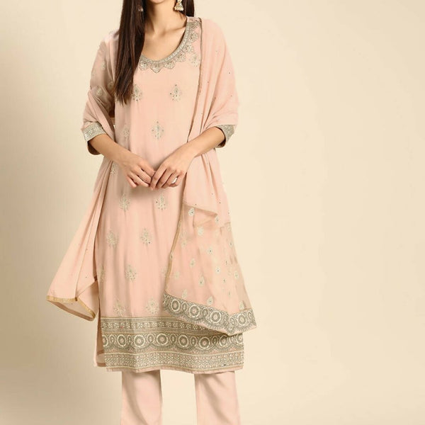 Anouk Women Pink Embroidered Regular Thread Work Kurta with Trousers & Dupatta - Distacart
