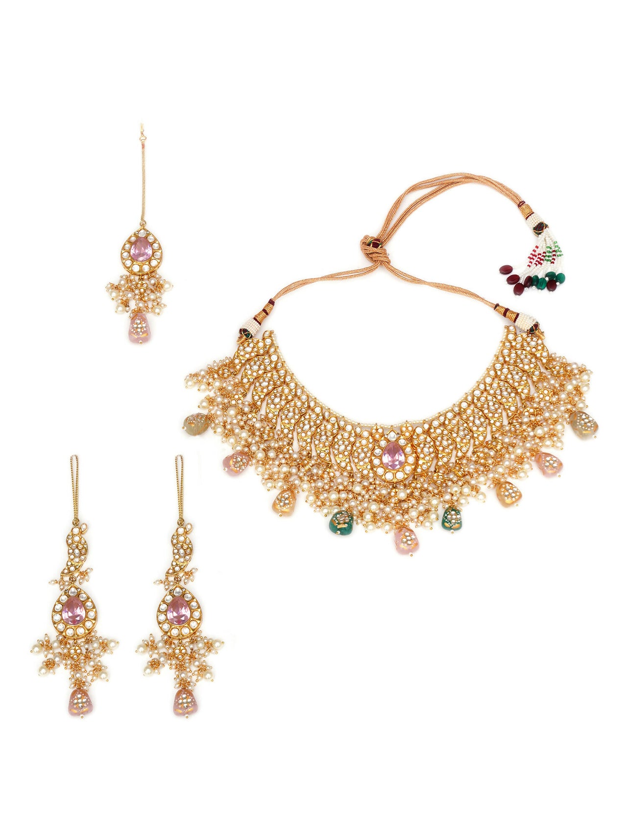Kundan Choker with Matching Earrings & Maang Tikka Jewellery Set (Gold) - Ruby Raang - Distacart