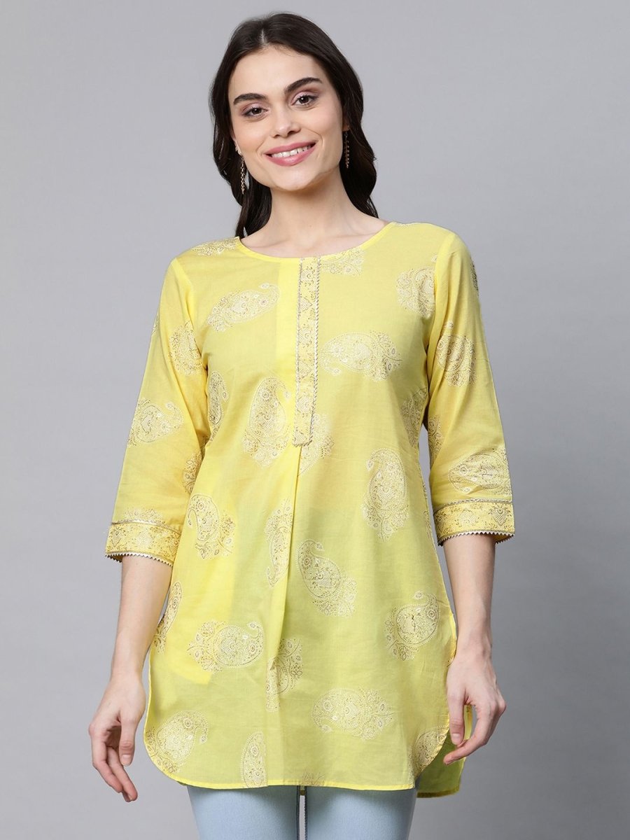 Ahalyaa Women Yellow Pure Cotton Glitter Print Tunic - Distacart