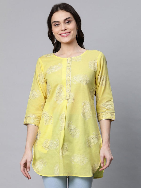 Ahalyaa Women Yellow Pure Cotton Glitter Print Tunic - Distacart