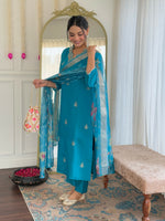 Thumbnail for The52 Blue Women's Gorgeous Viscose Fabric Embroidered Work Straight Kurta, Pant and Dupatta Set - Distacart
