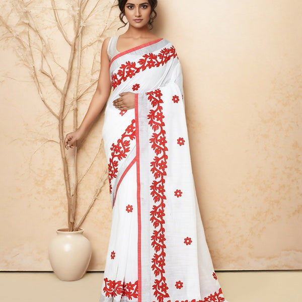 Joban Fashion White & Red Cotton Applic Saree