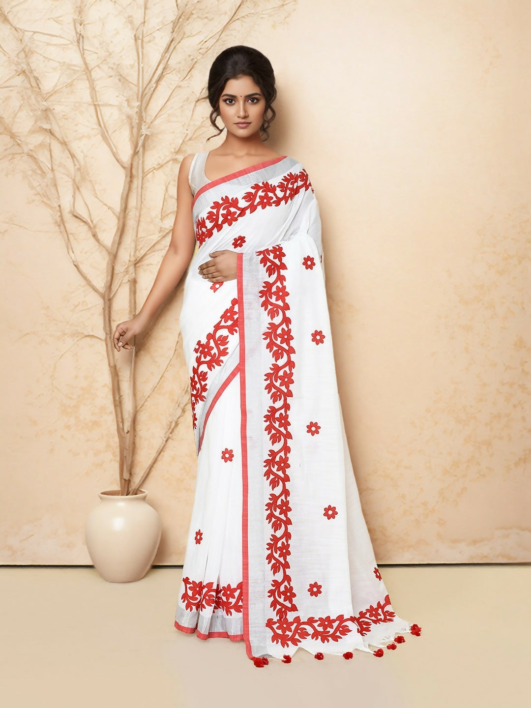 Joban Fashion White & Red Cotton Applic Saree - Dista