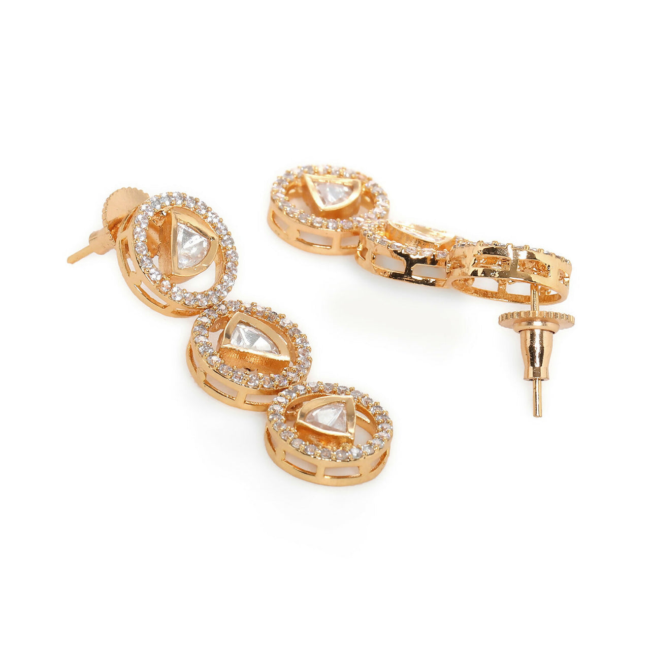 3 Tier Round Diamond and Kundan Earrings (Gold) - Ruby Raang - Distacart