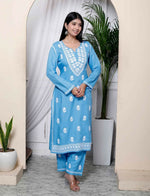 Thumbnail for Miravan Womens Blue Embroidered Kurta With Palazzo - Distacart