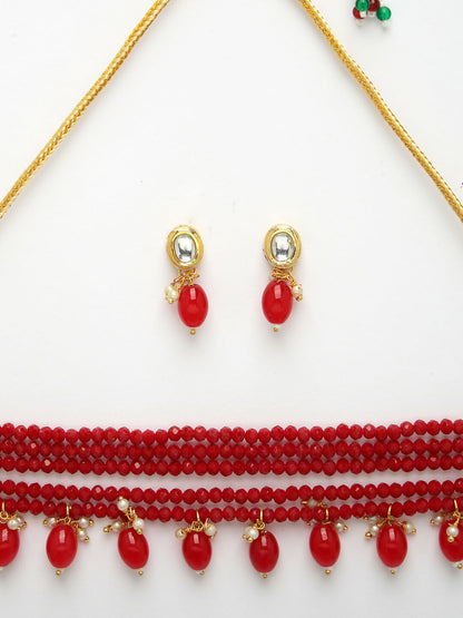 NVR Women's Red Artificial Beads Layered Necklace with Drop Earring - Distacart