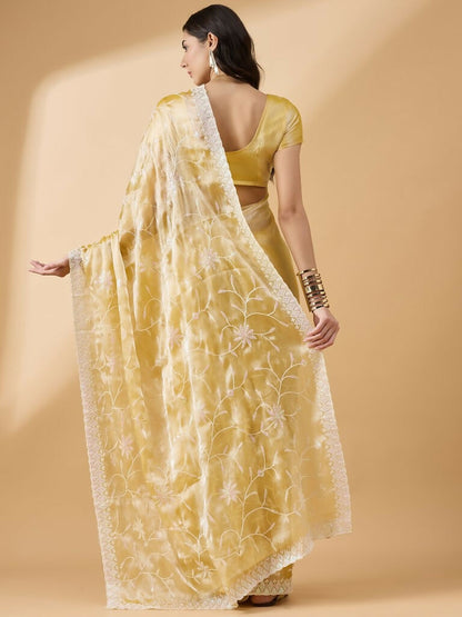 Yellow Tissue Slub Embroidered Saree with Unstitched Blouse - Vairagi - Distacart