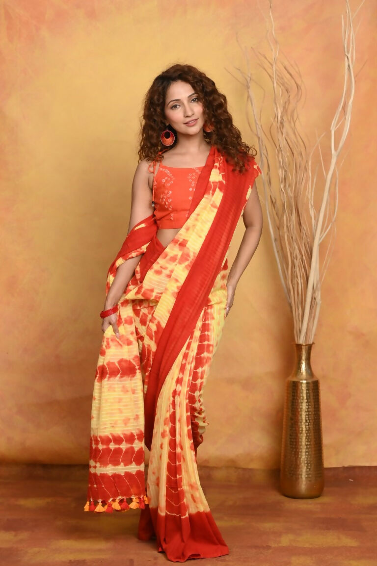Very Much Indian Tie & Dye Handloom Mul Cotton Saree - Yellow Red - Distacart
