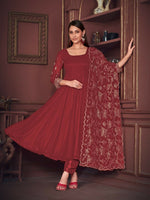 Thumbnail for Jyoti Fashion Women's Maroon Georgette Embroidered Anarkali Kurta Pant Set With Dupatta - Distacart