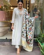 Thumbnail for The52 Off White Women's Gorgeous Embroidered Viscose Chanderi Fabric Straight Kurta Pant with Dupatta Set - Distacart