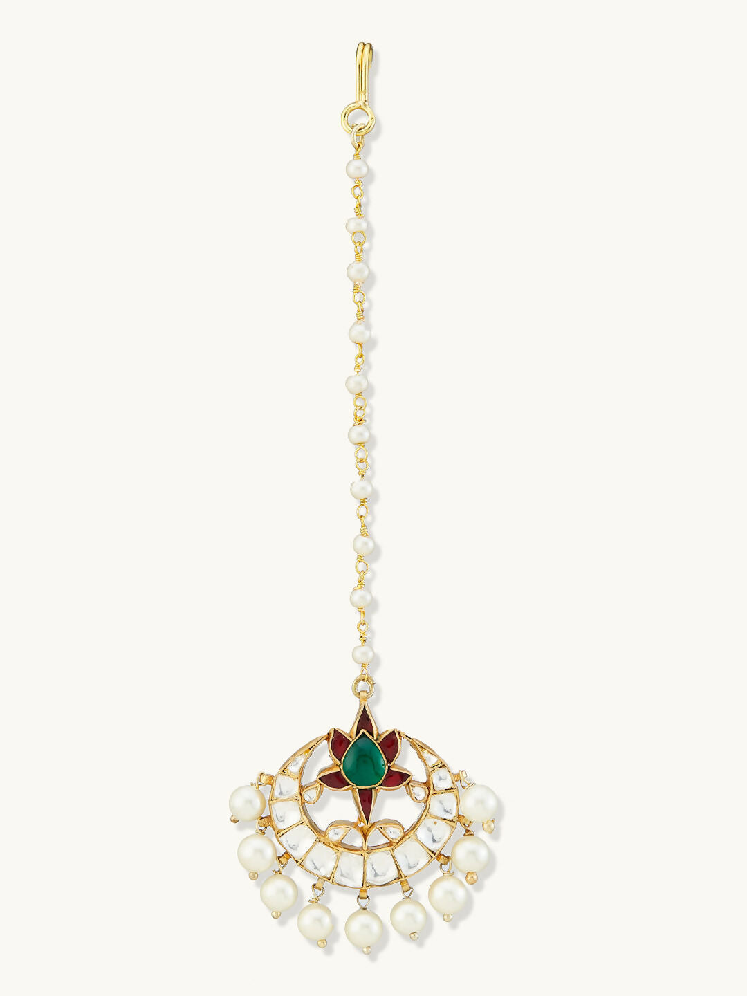 Nuyug 22K Gold-Plated Green Stone & Kundan Studded with Pearl Drop Maang Tikka Head Jewellery