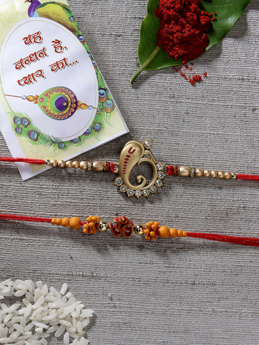NVR Men Set of 2 Gold-Toned Ganesha Stone-Studded Rakhi With Roli Chawal - Distacart