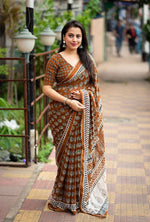 Thumbnail for Mustard Poly Georgette Ajrak Saree with Unstitched Blouse - Hiral Fashion - Distacart
