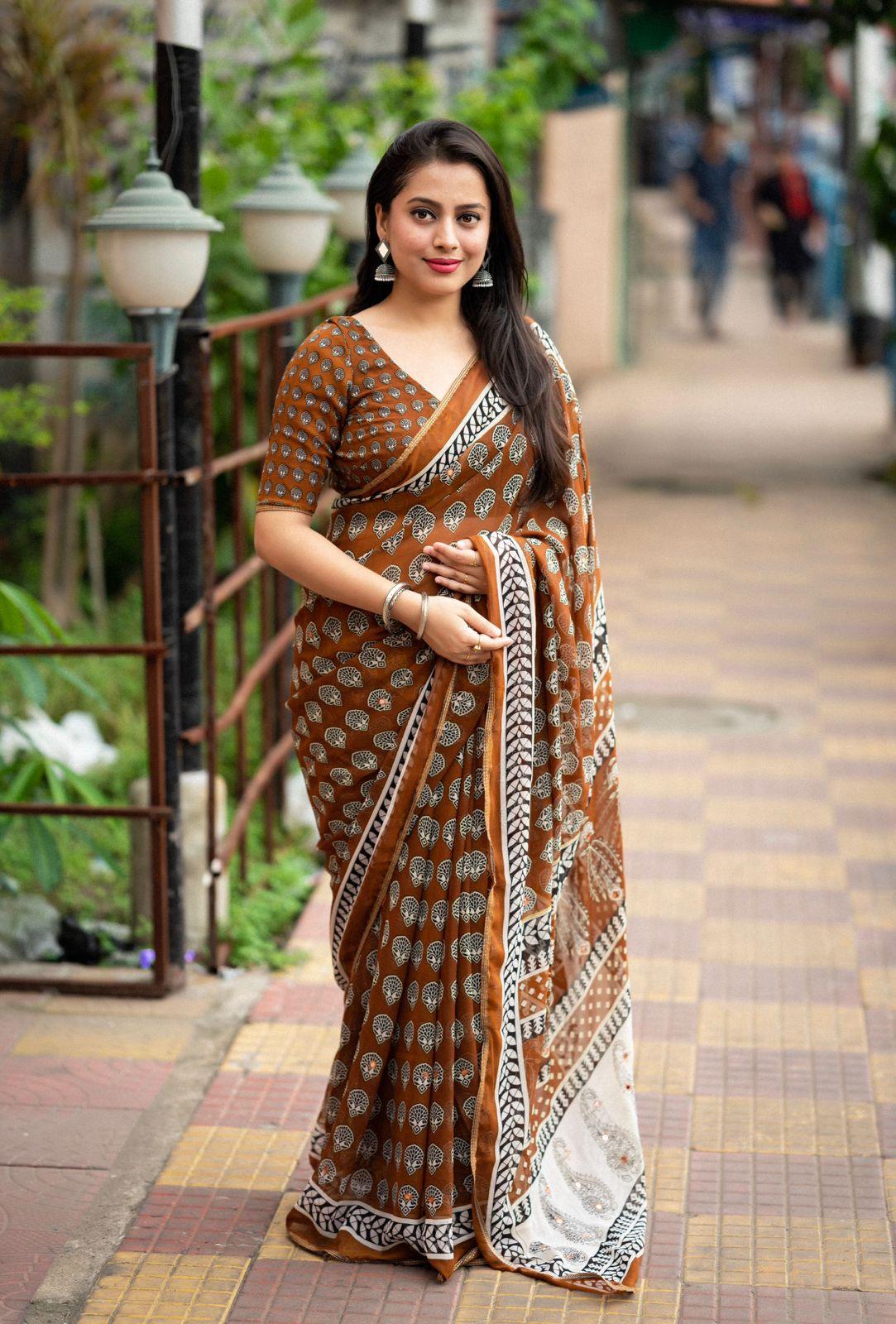 Mustard Poly Georgette Ajrak Saree with Unstitched Blouse - A2M - Distacart