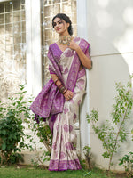 Thumbnail for Shree Shyam Fashion Cream With Purple Silk Blend Saree - Distacart