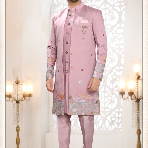 Joban Fashion Men's Pink Straight Silk Thread And Sequence Embroidery All Over 3 Pc Kurta Set - Distacart