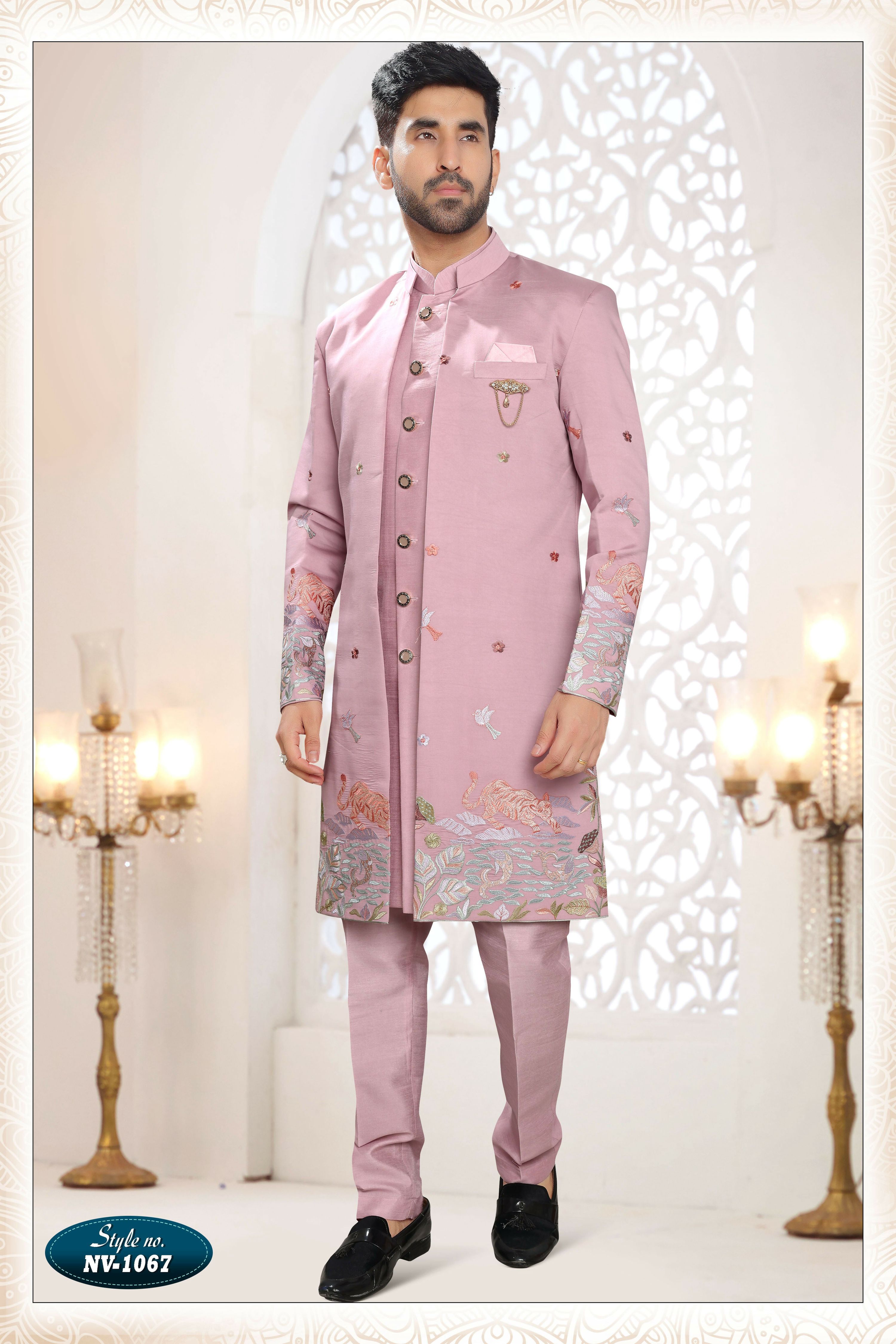 Joban Fashion Men's Pink Straight Silk Thread And Sequence Embroidery All Over 3 Pc Kurta Set - Distacart