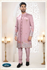 Thumbnail for Joban Fashion Men's Pink Straight Silk Thread And Sequence Embroidery All Over 3 Pc Kurta Set - Distacart