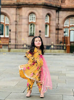 Thumbnail for Divine Drape Girl's Faux Georgette Digital Print Flared Top Dhoti With Dupatta - Yellow