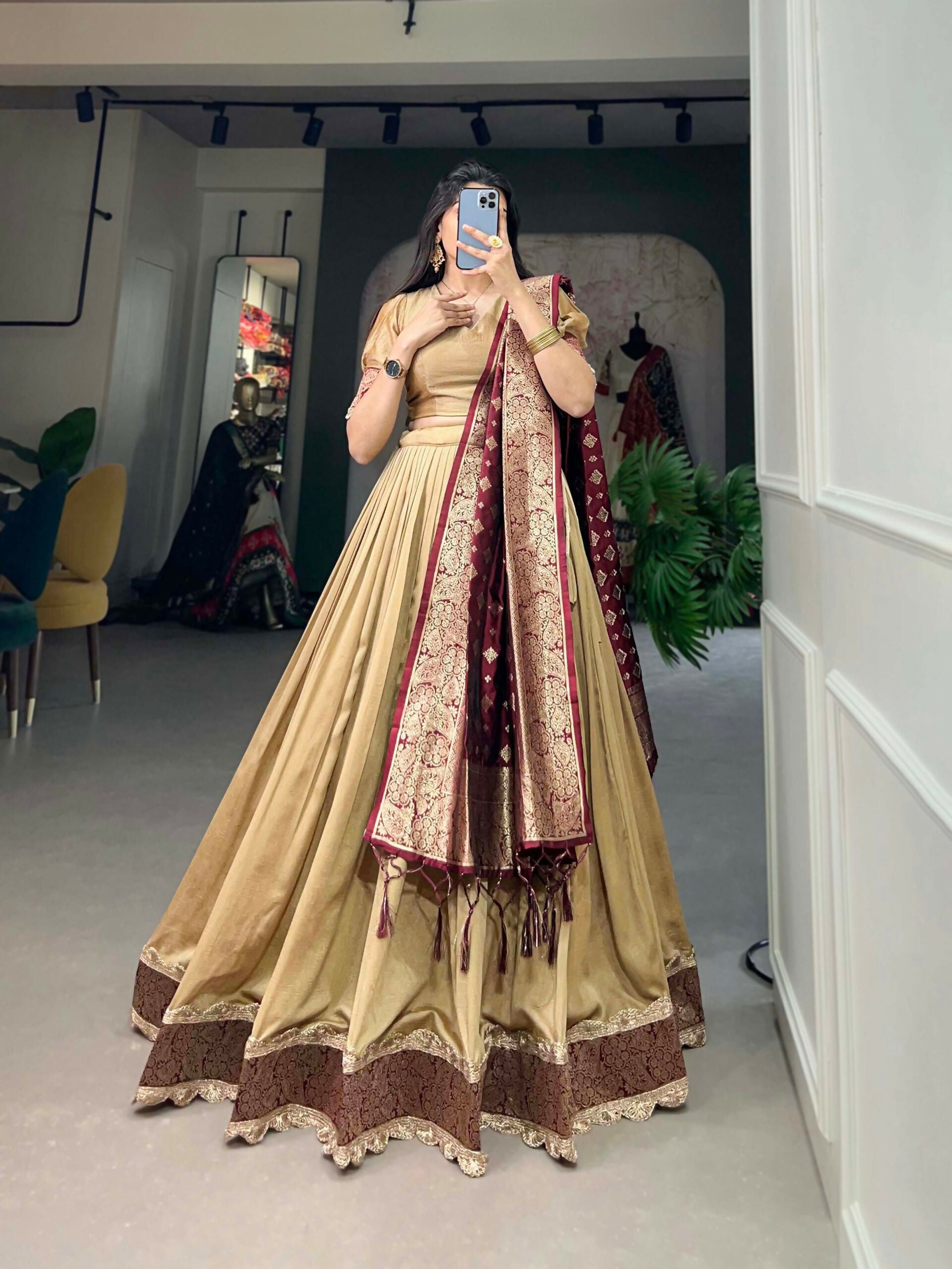 Vastranavya Traditional Jacquard Vichitra Silk Lehenga Choli - Chiku - Distacart