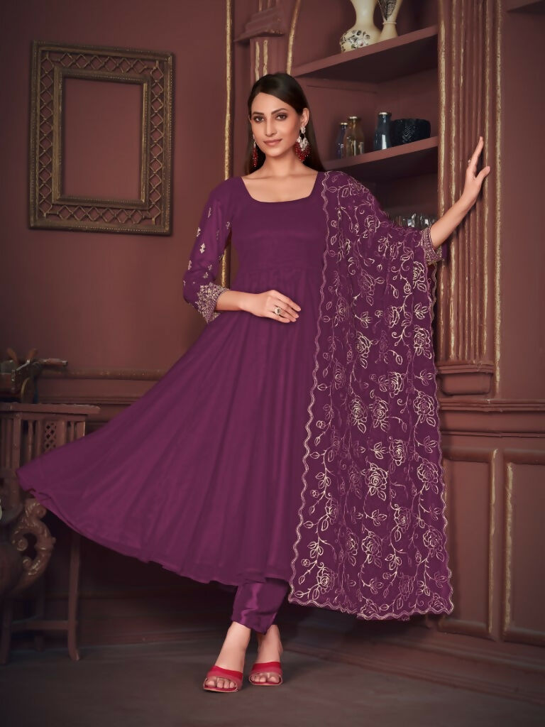 Jyoti Fashion Women's Purple Georgette Embroidered Anarkali Kurta Pant Set With Dupatta - Distacart