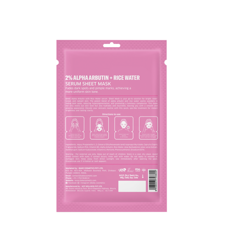 Bake 2% Alpha Arbutin + Rice Water Serum Sheet Mask - Distacart