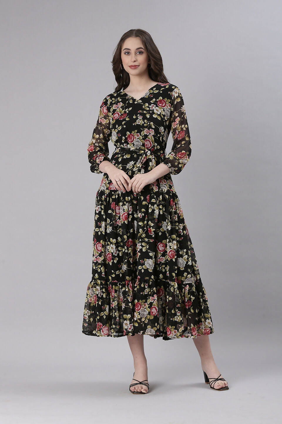 Souchii Black Floral Chiffon Dress