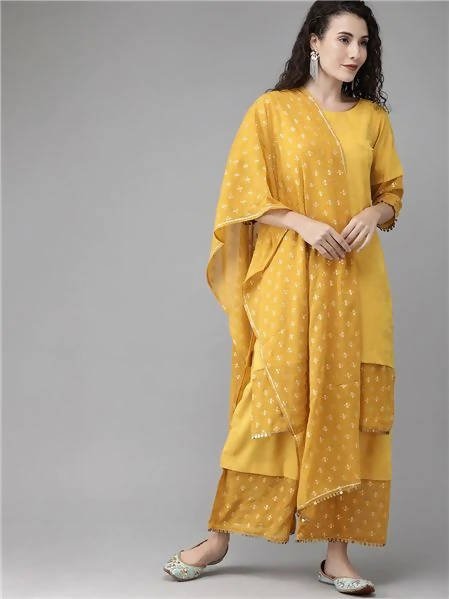 Ahalyaa Women Mustard Crepe Printed Kurta Palazzo Set With Dupatta