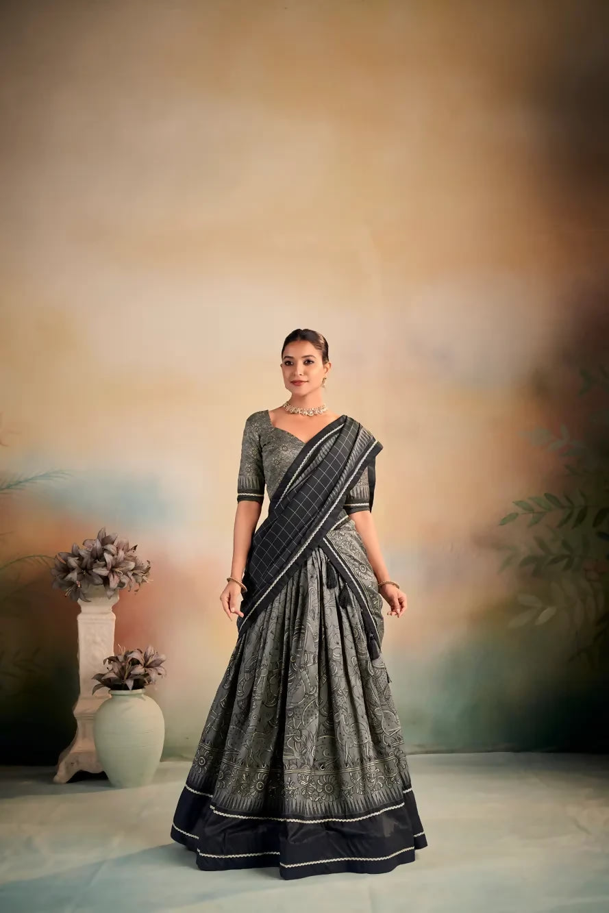 Looknbook Art Tasar Silk Kalamkari Printed Lehenga Choli with Lace Border-Grey
