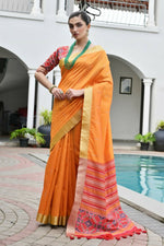 Thumbnail for Vishnu Weaves Women's Mustard Raw Silk Patola Zari Woven Saree with Blouse