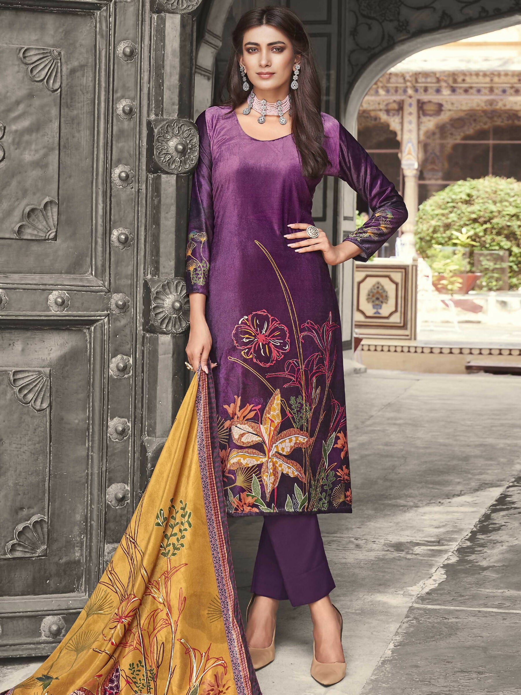Jyoti Fashion Women's Purple Velvet Floral Digital Printed Kurta with Trouser & Dupatta - Distacart