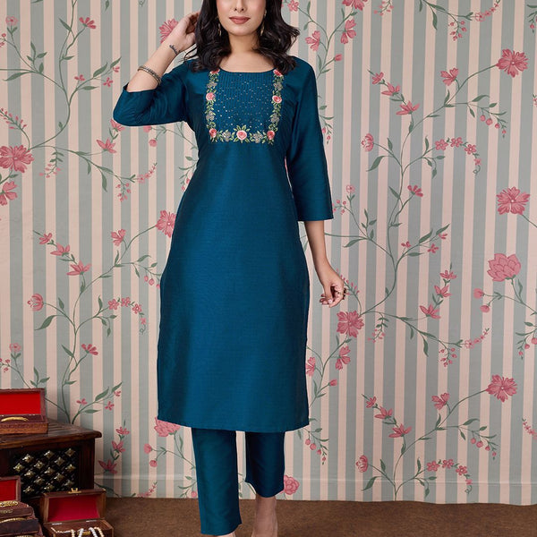 Ode by House of Pataudi Women Round Neck Three-Quarter Sleeves Embroidered Straight Kurta - Distacart