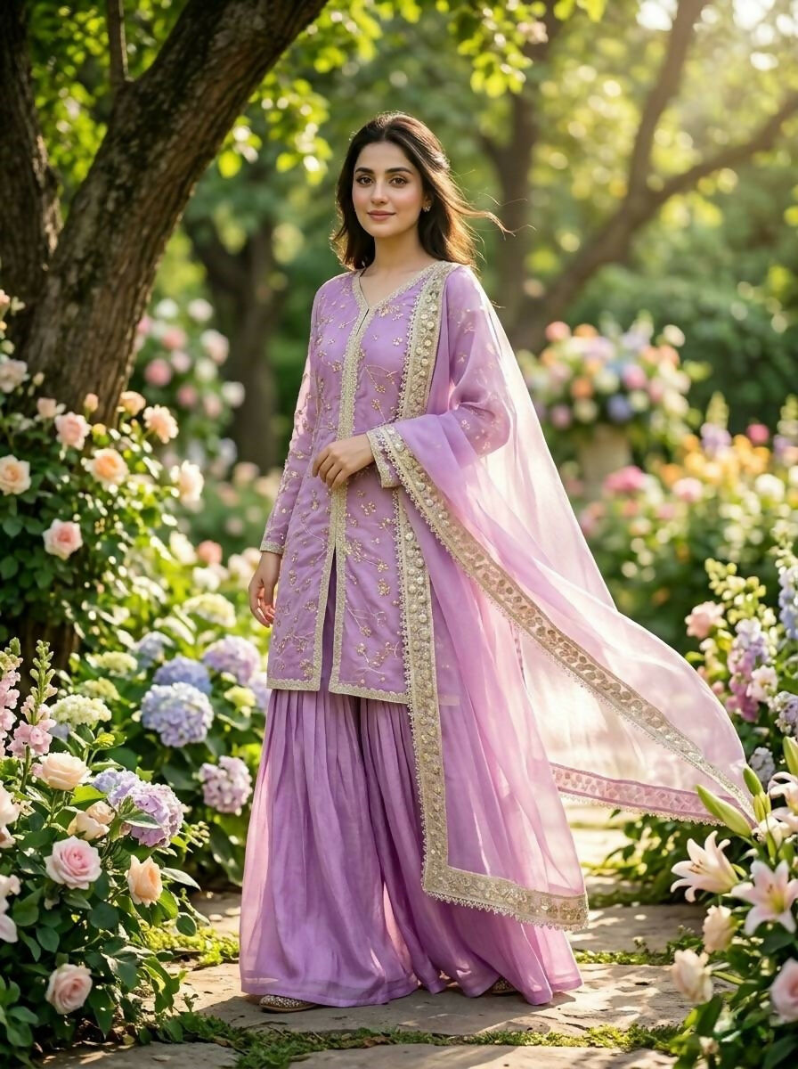 Teeya Creation Womens New Trendy Heavy Embroidery Work Kurta Palazzo Set - Lavender - Dista