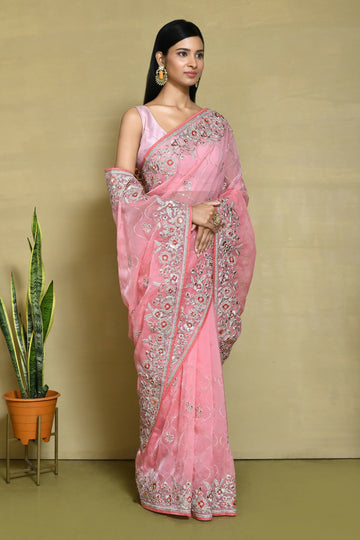 Pink Organza Satin Silk Sequence Embroidered with Stone work Saree - Nimaya Benzy - Distacart