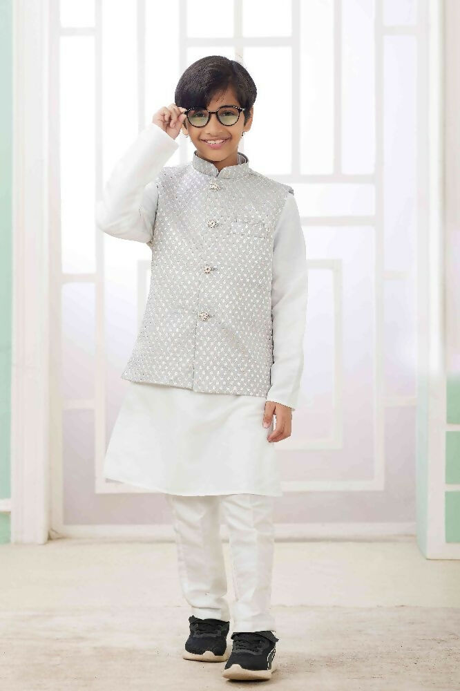 Raivat Ethnic Art Silk Embroidery Work 3 Pics Jacket Set In Grey Colour - Distacart