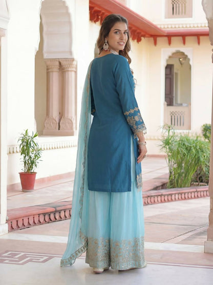 Teeya Creation Sky Chinon Silk Designer Wedding Wear Embroidery Work Palazzo - Distacart