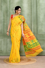 Thumbnail for Piyari Fashion Women's Yellow Embellished Cotton Blend Jamdani Saree - Distacart